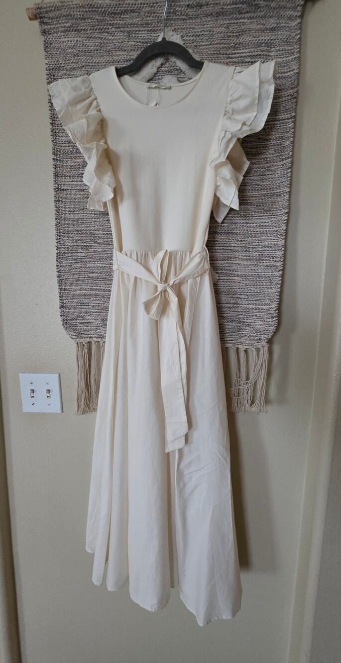 NWT Zara White Ruffle Sleeve Midi Dress Women's Small Tie Waist Cottagecore